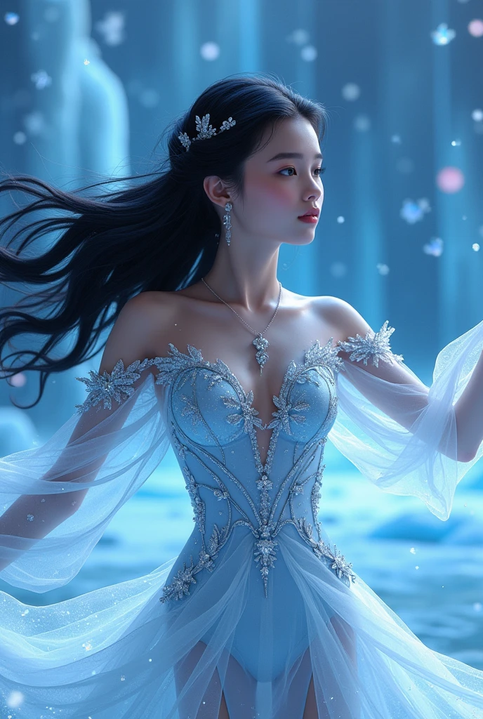 true-to-life visuals, captivating beauty,dramatic contrasts,gentle illumination, delicate warmth, soft light,
1girl,solo,(nsfw:0.9),
Hair shimmering like strands of silver, dressed in an opulent gown that seems to be fashioned from a myriad of radiant crystals, a cape that refracts light like a magnificent prism, her eyes gleaming with the captivating sparkle of a rare gem, standing within a palace hall adorned with exquisite crystal chandeliers and mirrored surfaces, her hair crowned with an intricate diadem of polished gemstones, her every movement casting mesmerizing patterns of light around her, her skirt cascading like a waterfall of sparkling jewels,BREAK
(crystallineAI),
<lora:CrystallineAI-000009:0.9>