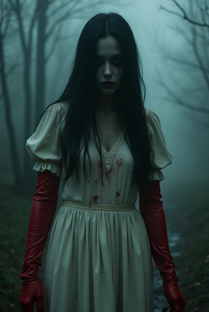 she、Woman from behind、The black around the eyes makes it look scary.。long, Black Hair; she、Wearing a black dress, She's wearing a red coat over it., she恐ろしい見た目, she赤いベレー帽を着ています。 The background is horror。Please show the whole body in the field of view。The background is the countryside。Countryside at night、Creepy。I can't see your face。