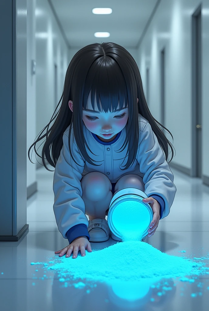  Create an image of Snow Leide , A -year brune, pouring blue caesium-137 powder on the floor.