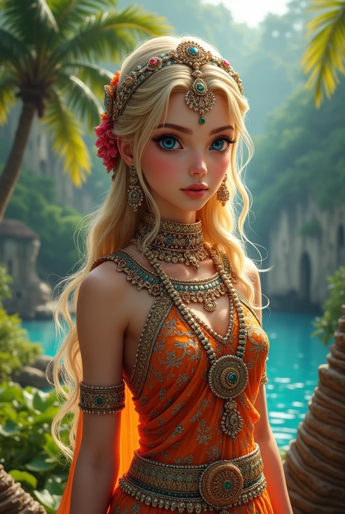 a woman in a red dress and gloves standing in front of flowers, Loira - Princesa Cabelos, lindo anime sedutor adolescente, Deusa loira, belas fotos avatar, inspirado em Magali Villeneuve, deusa jovem, Disney fotorrealista, Fanart, Parece Britney Spears, com longos cabelos loiros, Princesa africana deslumbrante, Menina anime na vida real, deusa bonita, menina loira bonita