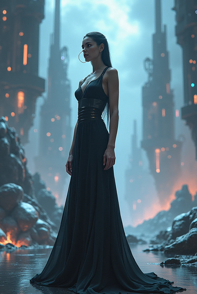 Imagine an animation set in a landscape of ancient ruins composed of black minerals. At the heart of this surreal landscape stands a beautiful girl, dressed in a gown that appears to be made of swirling black smoke, flowing and twisting around her like it has a life of its own. As the story unfolds, the mineral ruins reveal their mysteries, emitting faint glimmers of light that subtly illuminate the surroundings. The girl seems in harmony with the landscape, her enigmatic presence suggesting a deep and ancient connection between herself and the ruins.