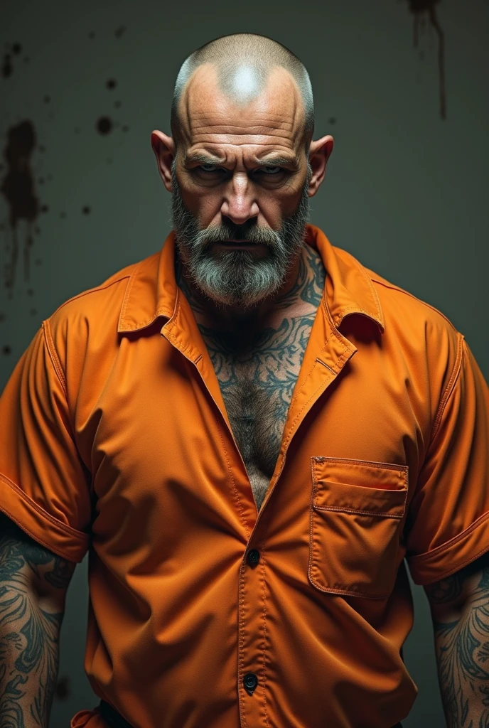 Create a man in orange prison clothes, all tattooed, blue eyes, blond hair, chain around his neck and hands, black nails, bearded and angry looking. 