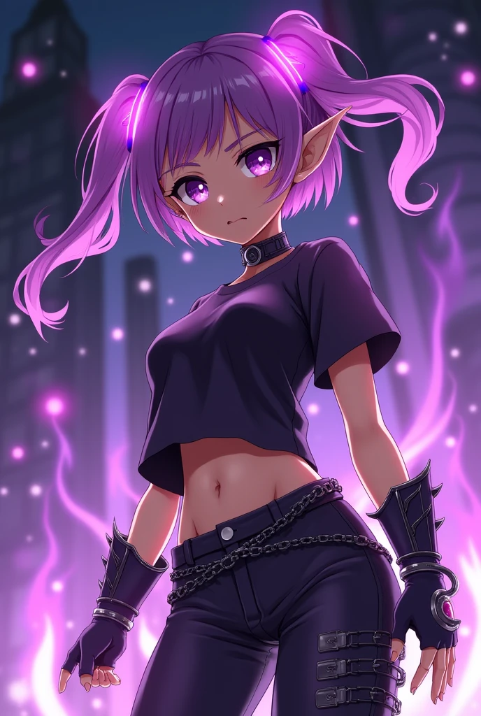 absurdrez, high resolution, ultra detaild, (((dark tanned skin: 0.5))), ((just 1 girl)), ((complete body)), Short dark shirt that only reaches the belly button., elf ears, (Sleepy and tired eyes),
Pants with chain on one side, cabelo roxo, Short hair with braids and bangs., purple eyeliner, purples eyes, with thorn-shaped armbands on their hands, Pointed collar at the neck., ((Violet Fire Summoning Powers. )) bright lighting, cyber punk