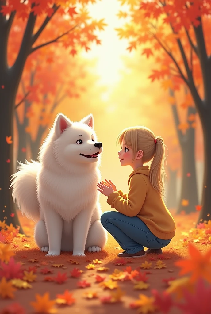 A cute, white, and fluffy Samoyed dog and a Japanese woman enjoying fall foliage with a beautiful and cute blonde ponytail
