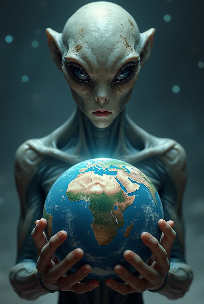 Artistic creativity:1.5,Golden alien holding a planet,Blue Background,Planet Decoration,Artistic Creativity:1.37