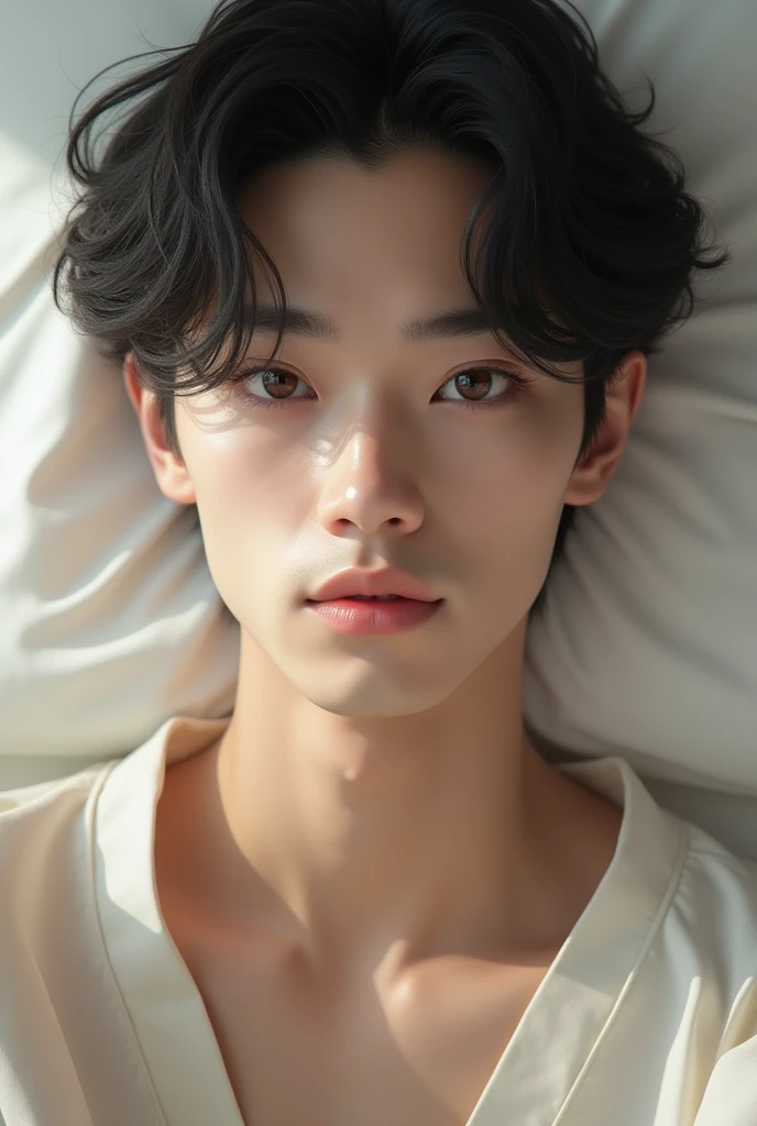 Oppav3 photo, (masterpiece, super high quality, high resolution, 8k, complex: 1.2), (detailed face: 1.2), handsome, young Chinese man, yellow skin, double eyelids, detailed skin, 1boy, ((realistic)), abs, good lighting quality, muscle veins, ((pale skin)), curved, (mouth closed), awake, tired, morning, (closed eyes: 1.3) happy, (lying in bed: 1.5)