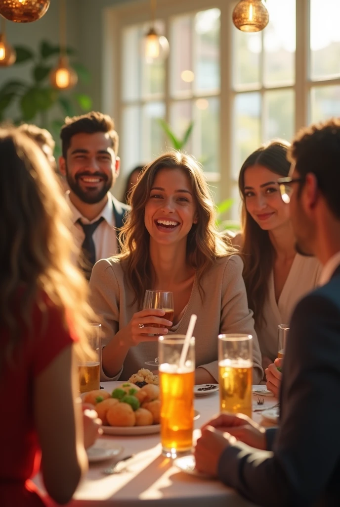 realistic image of "A modern office at night, social environment. employees, dressed casually, They gather in small groups talking and laughing. The lighting is warm, with soft lights that create a cozy atmosphere. The desks are clear, and deep down, There is a table with drinks and snacks, where some employees serve themselves cocktails and wine."