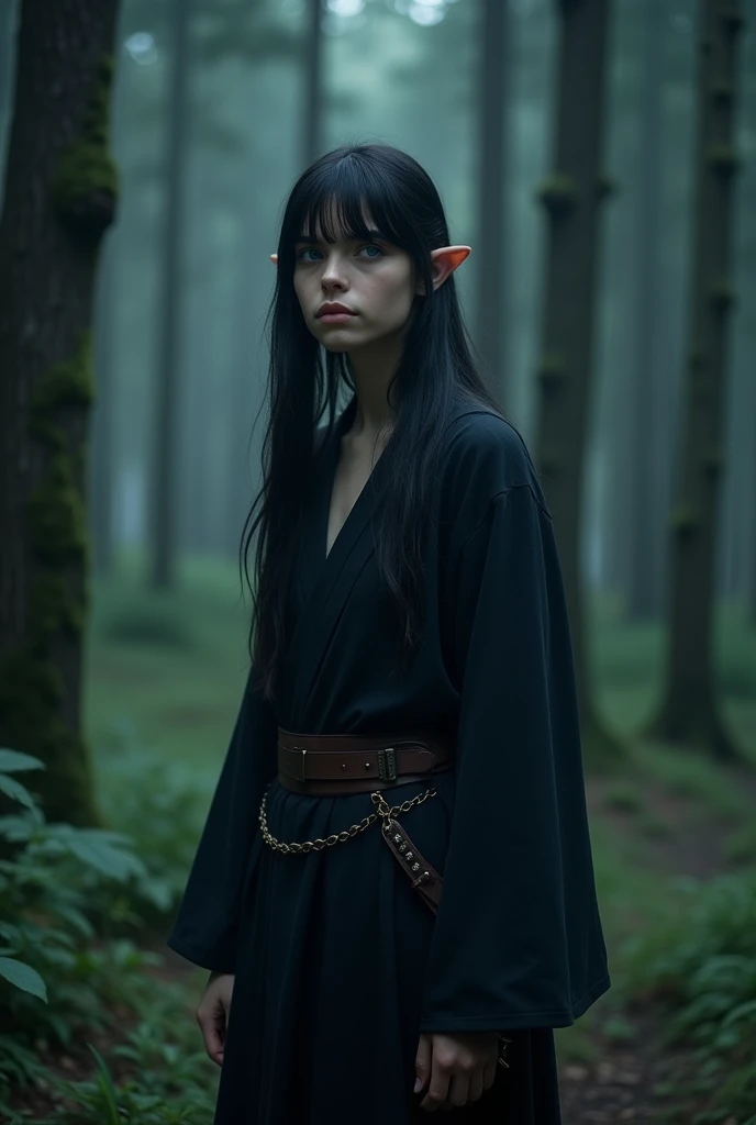  The scene is a dark and dense forest. She has long black hair with a fringed cut, a slim body, she has a fierce and determined expression. Her eyes are all blue like the eyes of the Fremen in Dune movie. Her skin is very dark. Her face is rounded and with a youthful look. She has elf ears. Her eyes are completely blue (very intense electric blue like she had a blue light inside her). The Character is a young elf woman of about 17. The whites of her eyes are completely blue. She wears leather sandals. The scene is set in a dark and dense forest. She is wearing a black hakama and leather sandals. A female character inspired by the Bene Gesserit and the Fremen of Dune. She wears a long, loose black dress that covers the entire body. The scene is illuminated by the light of dawn.