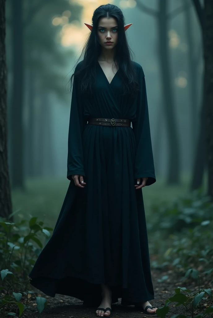  The scene is a dark and dense forest. She has long black hair with a fringed cut, a slim body, she has a fierce and determined expression. Her eyes are all blue like the eyes of the Fremen in Dune movie. Her skin is very dark. Her face is rounded and with a youthful look. She has elf ears. Her eyes are completely blue (very intense electric blue like she had a blue light inside her). The Character is a young elf woman of about 17. The whites of her eyes are completely blue. She wears leather sandals. The scene is set in a dark and dense forest. She is wearing a black hakama and leather sandals. A female character inspired by the Bene Gesserit and the Fremen of Dune. She wears a long, loose black dress that covers the entire body. The scene is illuminated by the light of dawn.