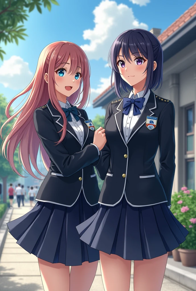 2girls, duo, twins, standing shoulder-to-shoulder, luna nova uniforms, age woman, brown hair, blonde hair, long curly hair, matching hairstyles, different hair colors, hair down, hazel eyes, white background, best quality, highly detailed