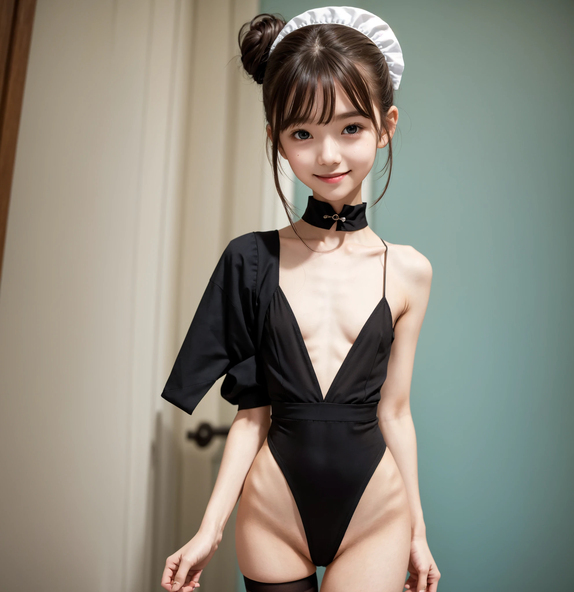 Maid, cute girl,masterpiece,  high definition  ,8k,16k,  white skin,  bun hair, Teal Eyelids, brown hair, delicate, Thin arms,  black stockings ,Thin legs, Slender body ,smile