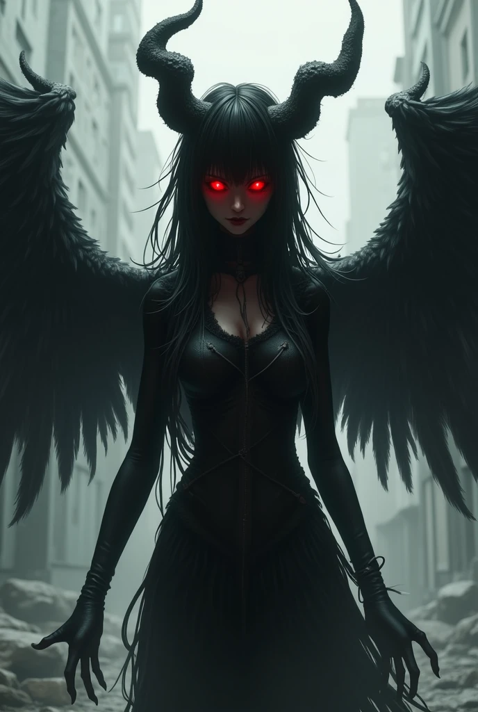 bs, solo, simple background, monochrome, upper body, greyscale, bodysuit, black background, 1other, monster, arms at sides, horror (theme) there is a large-breasted woman in the picture with her arms torn off and her face bleeding, ravens flying in the background, stocking, hot lingerie, big boobies 