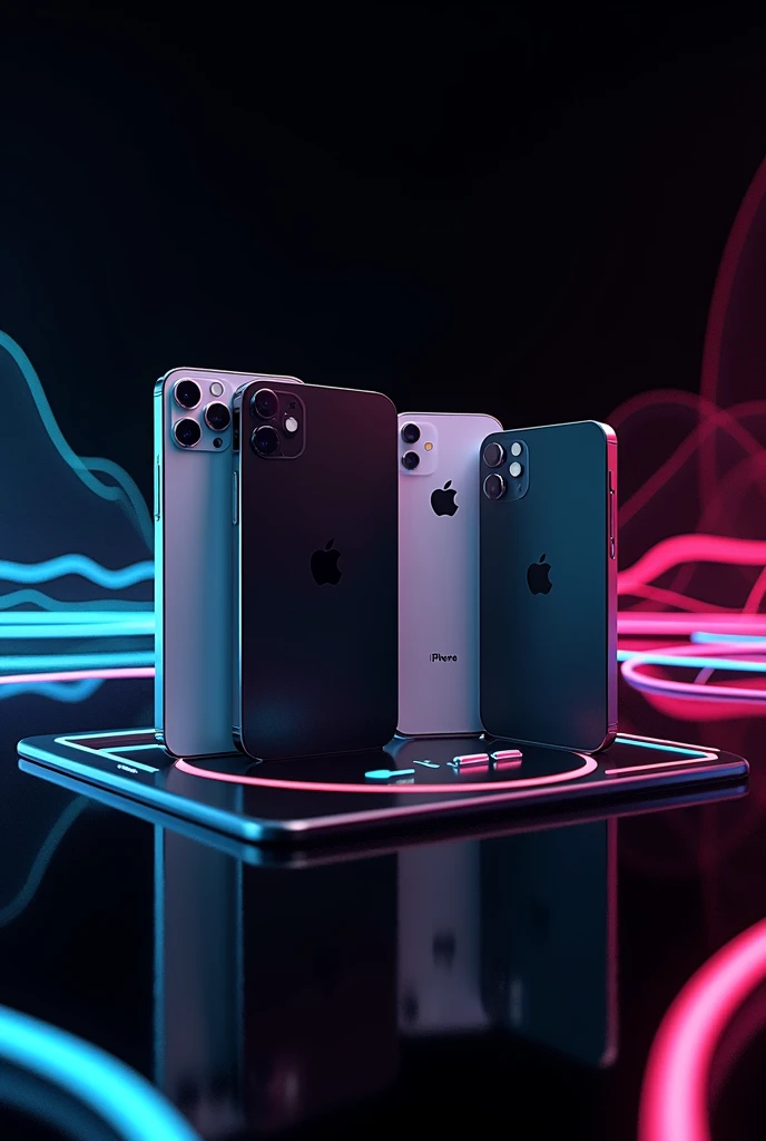 3 Iphones on a black glass table with alien-style technological lines ...