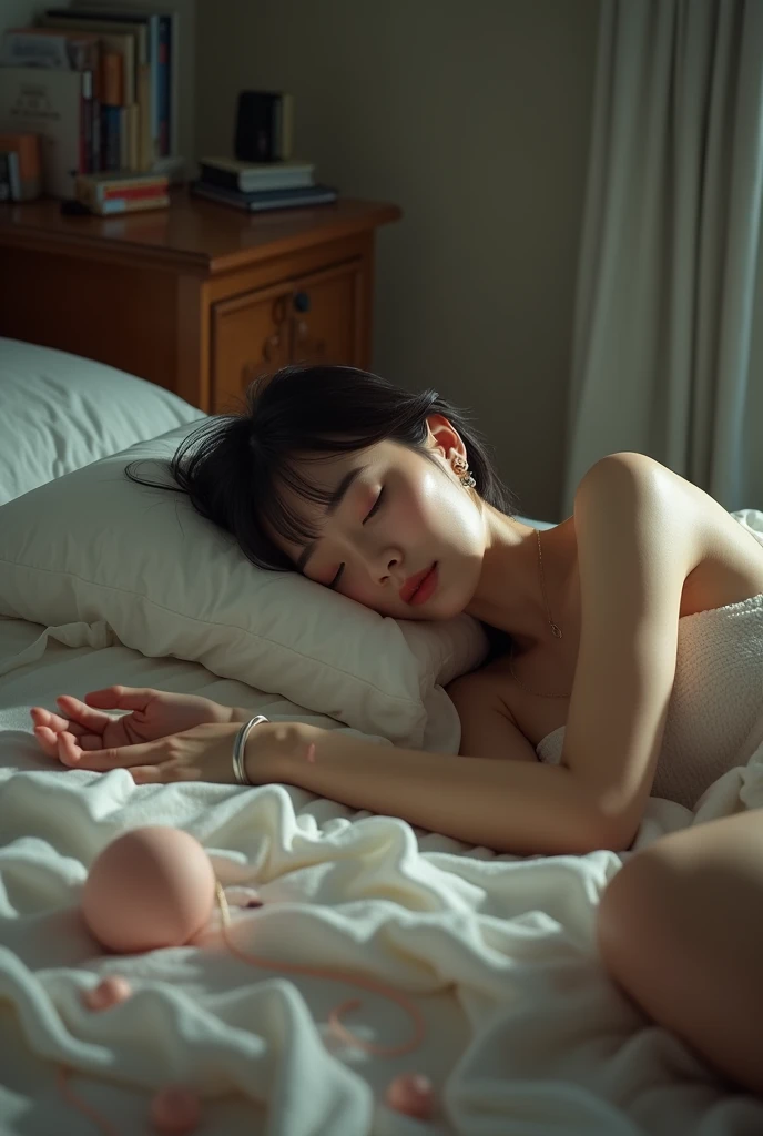 (photorealism:1.2), beautiful naked woman with short hair, dressed in sexy maid outfit, asleep and inside a cardboard box with polystyrene, in fetal position, with a barcode tag on his leg, His body is covered in plastic, with a gift bow on her head