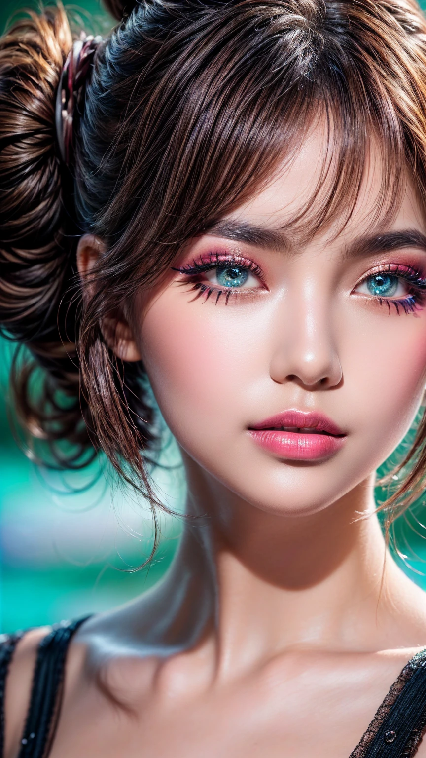 full body of a beautiful ethereal woman, her very long magenta hair cascading down in soft waves, framing a face of extreme detail and elegance. Her eyes, big and colorful, boast three gradient teal shades of eyeshadow and eyeliner, accentuating her double eyelids and long lashes. Rosy cheeks adding a touch of warmth to her ethereal beauty, and her skins glossy texture shines in the cinematic light, highlighting each and every realistic pore and Wrinkle. Full lips adorned with golden glitter on her lipstick, complementing the magenta and teal jewels she wears around her neck and her classical updo bun,highly detailed face, detailed face, perfect proportions, well-proportioned body of six heads, huge breasts, thin waist, navel, big butt , crotch gap, large thighs,She is wearing (VICTORIA'S SECRET
Sexy Tee (Push-Up Front-Close Lace Bra:1.3,(Lace Front Thong Panty:1.3)),