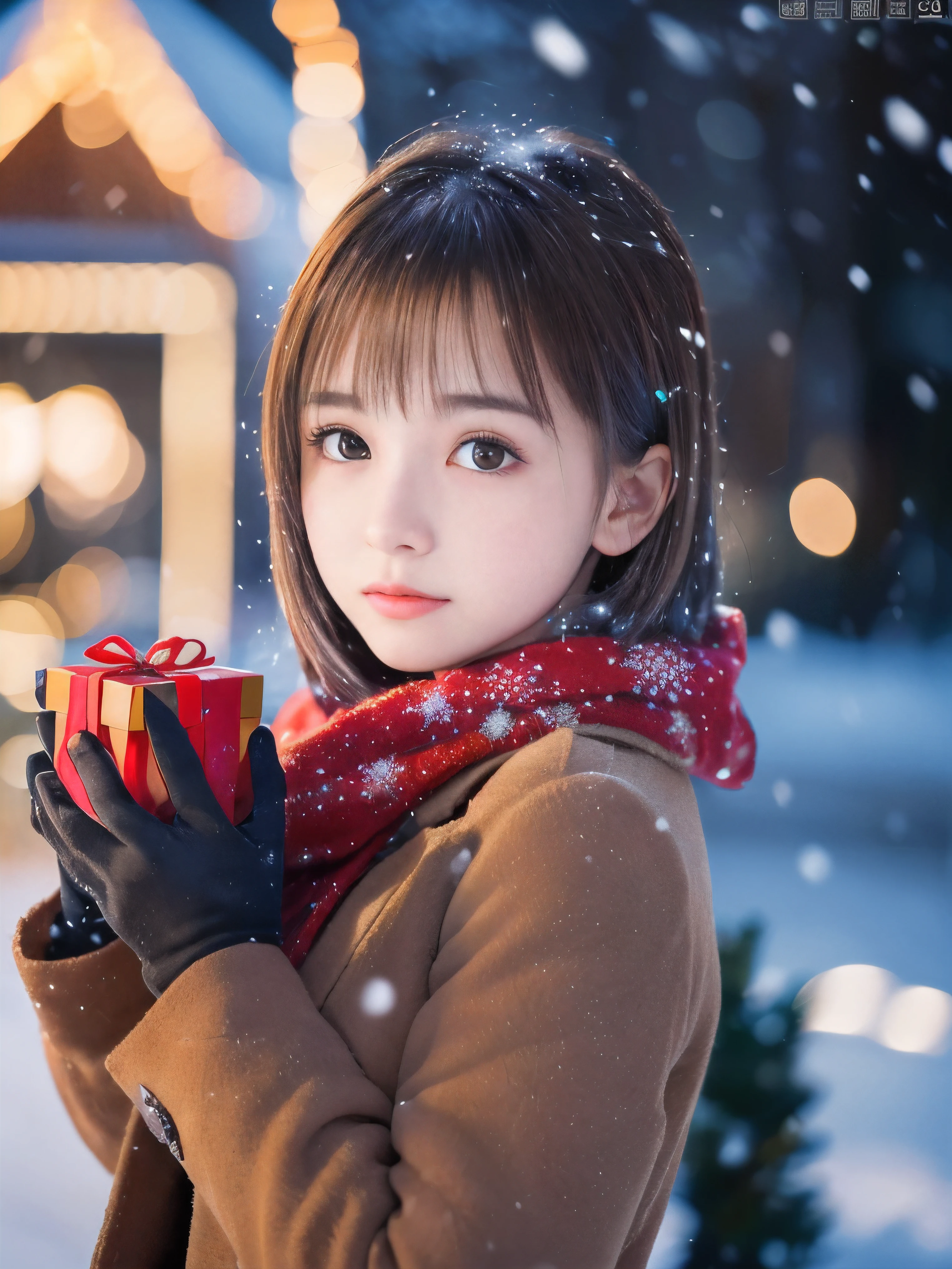 (Close-up face shot of one slender small breasts round face brown short hair with bangs girl in a winter long coat and scarf:1.5)、(One girl is turn around with holding  a gift box with gloves in hand with sad face:1.5)、(Very beautiful Christmas illumination:1.5)、(Heavy snowing night:1.5)、(blurred background:1.5)、(Natural light:1.5)、(8k ultra detailed master piece:1.5)、(perfect anatomy:1.5)、(Photorealistic stick:1.5)、(Raw photo:1.3)、(highest quality:1.5)、(High resolution:1.3)、(Delicate and beautiful perfect face:1.3)、(Delicate and beautiful eye air skin:1.3)、(Real Human Skin:1.3)、((thin legs))