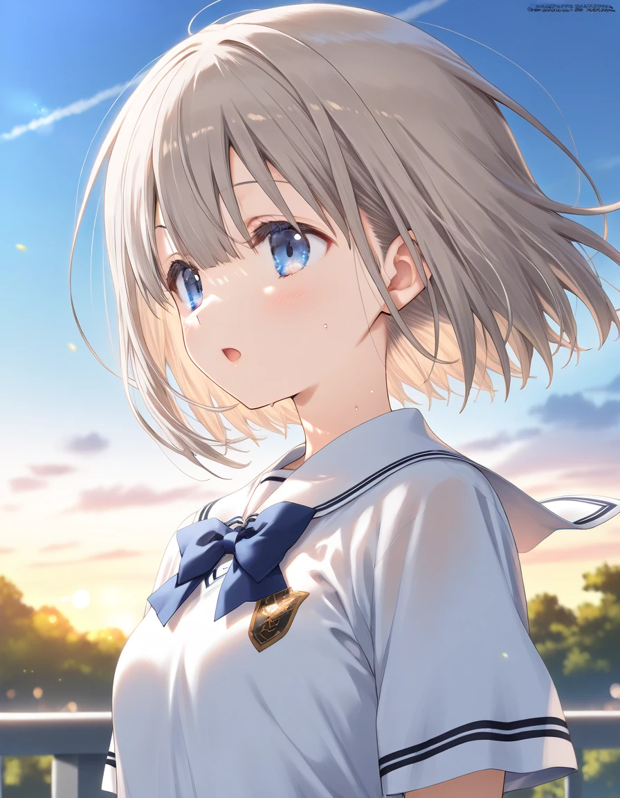 1girl, serizawa_asahi, little female, short hair, grey hair, blue eyes, beautiful detailed eyes, small breasts, school uniform, open mouth, sweat, outdoors, wind, game CG break,((artist:shida_kazuhiro)),(artist:mitsumi_misato),(artist:fujiyama),,(masterpiece), (best quality), (ultra-detailed), very aesthetic, newest, beauty illustration,super detailed skin,  (masterpiece), (best quality), (ultra-detailed), very aesthetic lighting,hi res,absurd_res,2023,2024,(shaded),digital media (artwork), realistic lighting, 4k, 8k,photoshop_(medium),,best anime 8k konachan wallpaper, pixiv contest winner