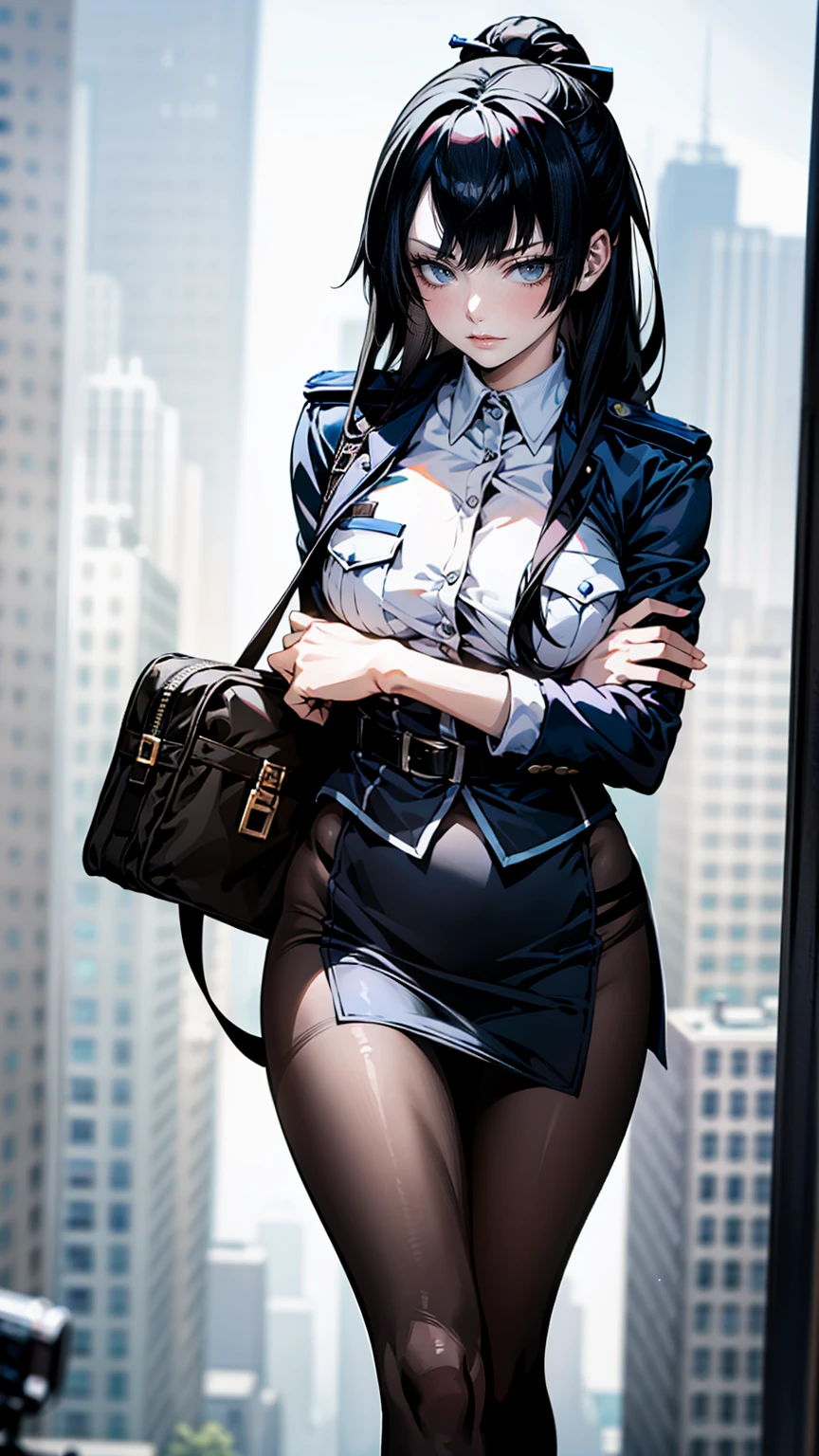  absurd determination ,  high definition , (masterpiece:1.4),  super detailed,  1 girl , blue eyes, Long black hair，Wear a police uniform and a miniskirt,  white handbags、 pantyhose、City streets, sexy posture, The camera is close to your body 