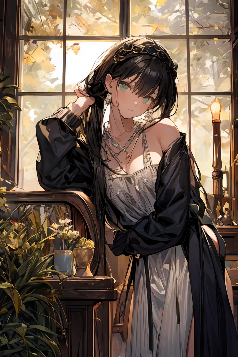 (small breasts:1.3), (perky chest:1.1), (pointed chest:1.0), (fashion magazine cover:1.3),(from below:1.0),(from side:0.9),masterpiece, 1girl, Amazing Cleavage:1.1, thin waist, big ass, Raised sexy, small breast: 1.3, posed cleavage:1.2、solo, looking at viewer, open mouth, have a cute grass of cute beergrass,black hair, dark green eyes, dress, bare shoulders, jewelry, collarbone, sidelocks, hairband, earrings, indoors, off shoulder, :o, sweater, arms behind back, plant, short hair with long locks, gild hairband, off-shoulder dress, sweater dress, off-shoulder sweater, red sweater, dark gord hair, big side hair, very long side hair,is rendered in (masterpiece: 1.2, best quality), with (ultra high resolution) and an exquisite (depth of field). This masterpiece is not only visually stunning but also tells,A scene of cooking in the kitchen by classroom