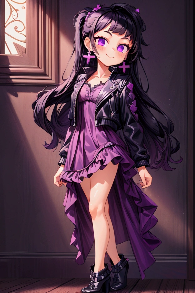 (Masterpiece, best quality) 1 girl, black hair, medium long hair, purple eyes, standing indoors with intricate details and sunlight. Purple frilled dress with short neckline, dark black biker jacket vest, black heels, cross earrings. Sweet smile, sexy pose, coquette, beautiful legs, mature body, gorgeous, pronounced breasts