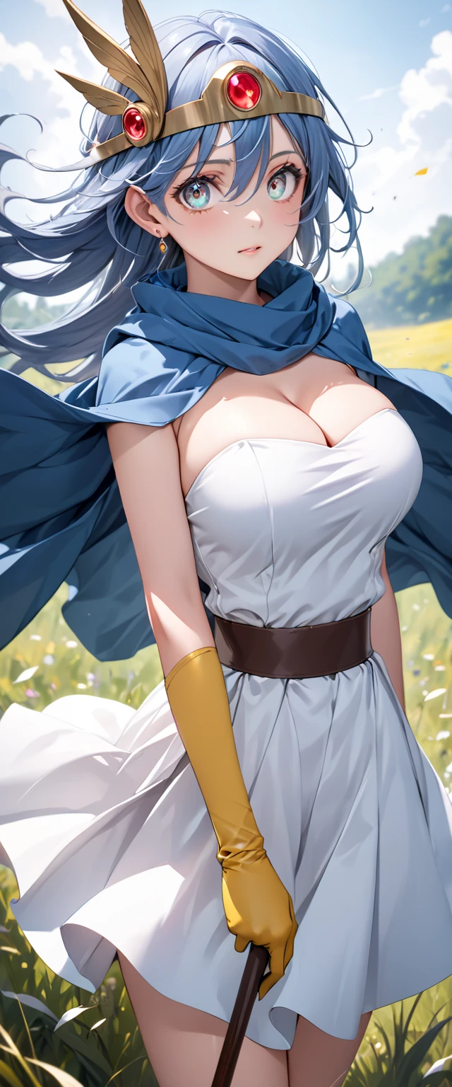 (perfect anatomy),  mastepiece、 Ultra High Quality、 8k、masterpiece、 best quality、 ultra high resolution、Maximum resolution、Very detailed、 professional lighting、anime、woman、thin、 Very Beautiful 、(((Highly detailed eyes)))、(((Very beautiful eyes)))、 very detailed face in light blue underwear、shape、sage_(dq3)、成人woman1名、( holding staff, cane:1.3)、Alone、Long Hair、 blue hair 、(( simple circle))、Red eyes、 Big Breasts 、yellow long gloves 、yellow gloves up to the upper arm 、 white dress、belt、Blue Cape、 boots、 pink earrings、 cleavage、 Exposes Your Shoulders 、whole body、Grass、Wind lift、 simple background、 beautiful face、Draw in detail, Summoning a scorching wind