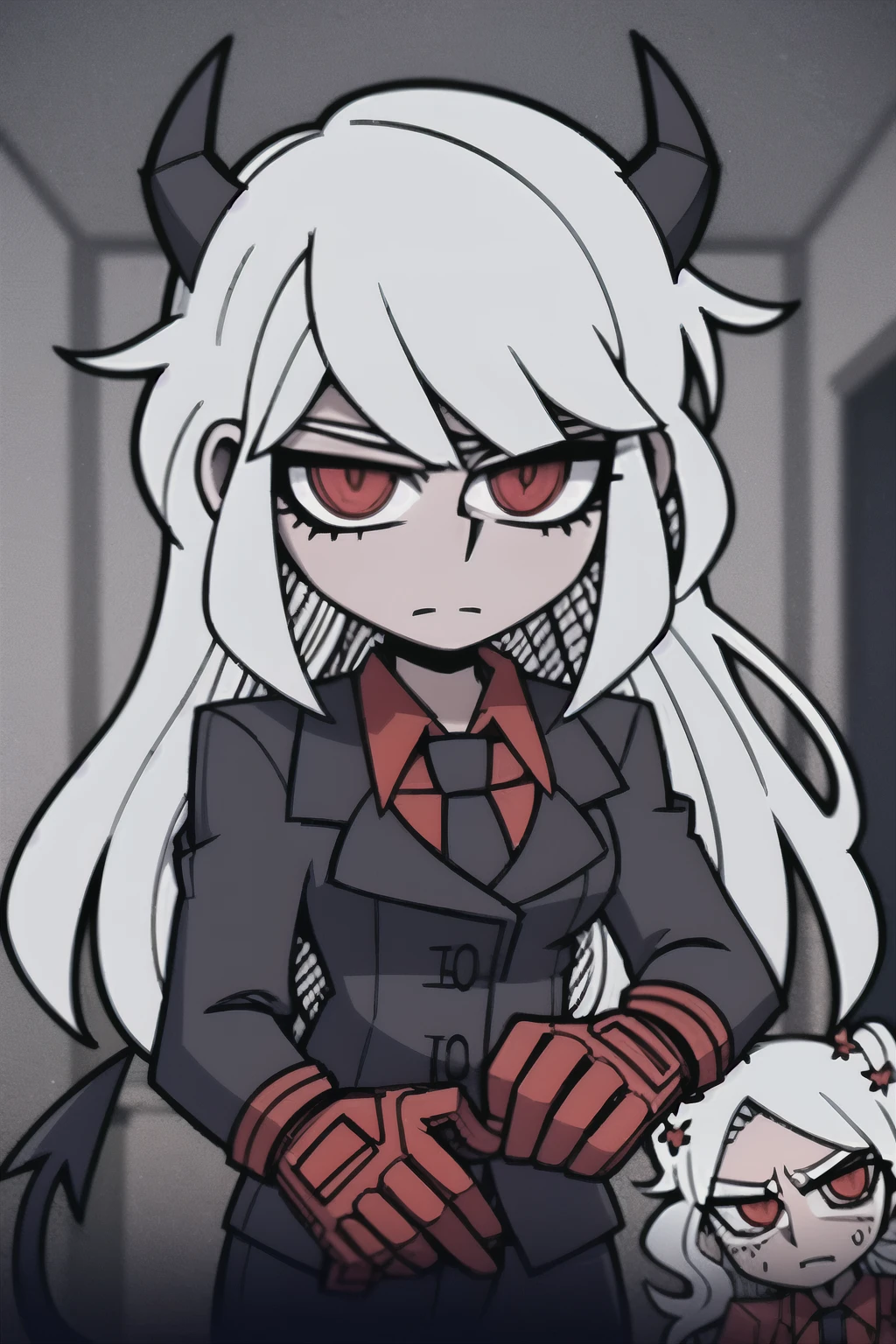 a close up of a woman in a suit and tie in a hallway, dark and horror style, demon anime girl, with red glowing eyes, digital art from danganronpa, akane owari danganronpa, dark suit, sinister and stylish, vampire girl, androgynous vampire, scary style, gothic horror vibes, anime skull portrait woman