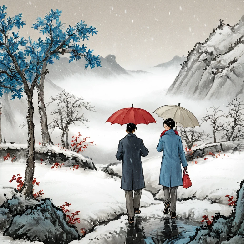 surrealist art Chinese painting,Ink Painting，ink wash painting，ink water， idyllic winter scenery in northern China ，Snowflakes are falling， Two people walking on a country road with umbrellas，red umbrella ， blue umbrella， traditional Chinese brushwork ， official art ，羊皮纸水彩Ink Painting，Minimalism，Beige gray ，Rice paper texture， Very high resolution details,photographic, Extremely Realistic ,Fine texture, Incredibly realistic 