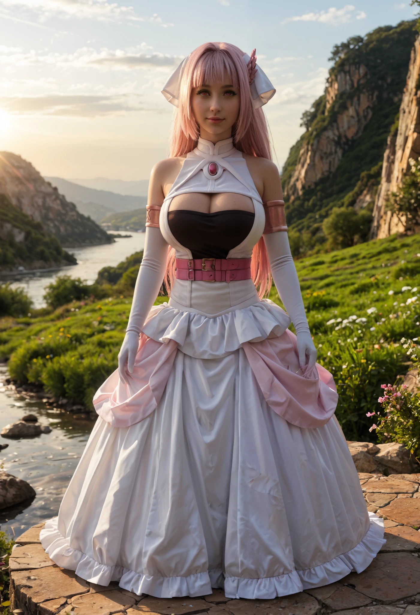 Score_PnyReal,BREAK,1girl, solo,(huge breasts,large breasts:1.2),long eyelashes, , hair_ornament, large_breasts, elbow_gloves, cleavage_cutout, bare_shoulders, pink_eyes, long_hair, hair_intakes, pink_hair, white, full body ,landscape,glowing,outdoors,ripples,scenery,water,light rays,,dark theme,,happy,looking at viewer, standing,(zPDXL2:1.5)