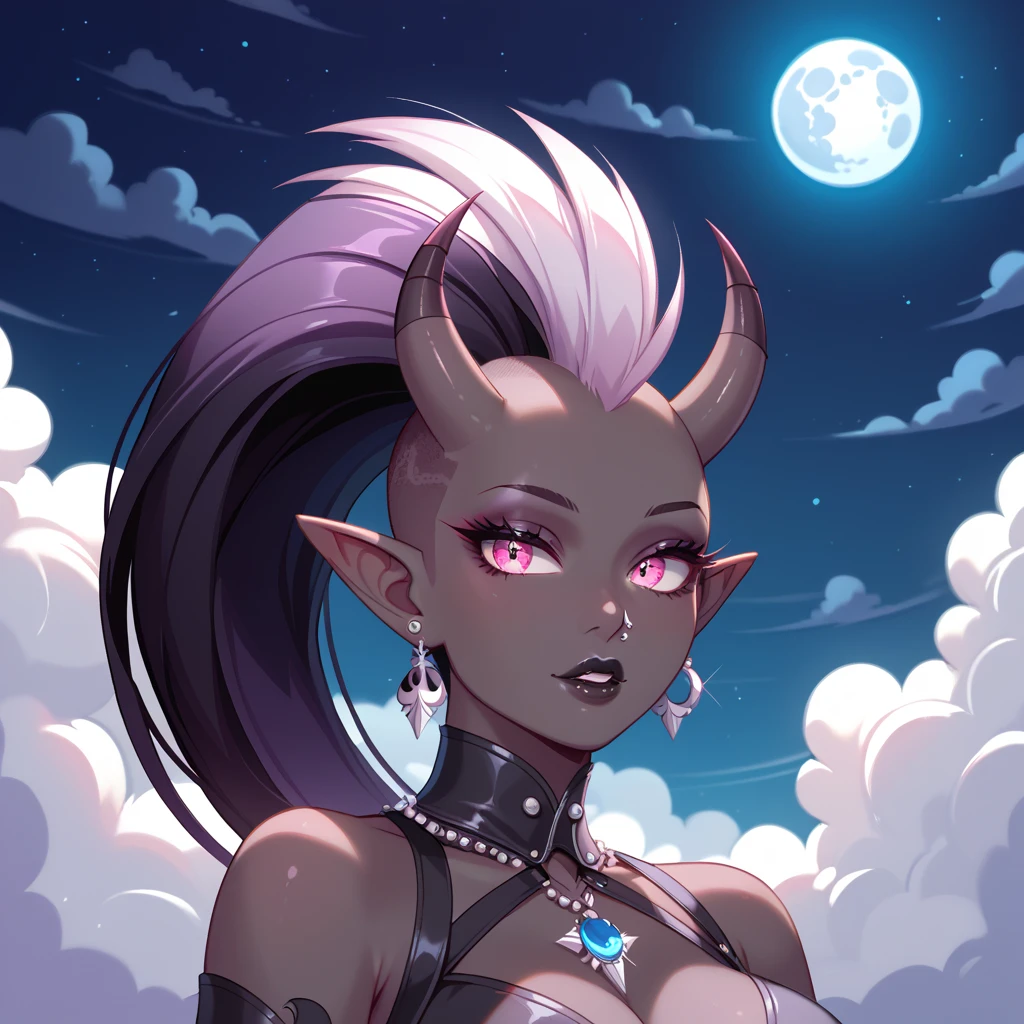 score_9, score_8_up, score_7_up, ((Masterpiece)), ((highres)), ((1person, 1girl, 1female)), Random poses, beautifully detailed succubus girl, ((white mohawk w/ponytail)), defined elf ears with ear guages, defined eyes, pastel iris, long eye lashes, defined nose, black lipstick, curvy, (((Black skin))), black demon horns, breasts, night sky, pastel gothic style, gothic style art, gothic asthetic, ((Standing in a dense foresty area with clouds and a moon over head)), bust shot
