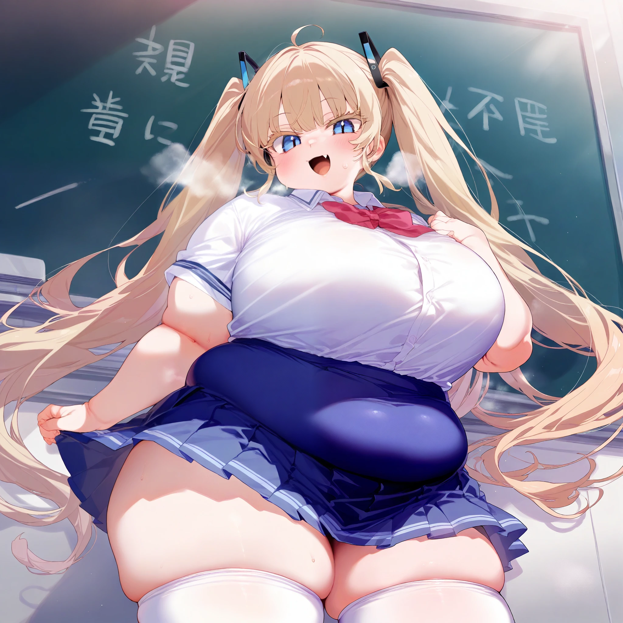 score_9,score_8_up,score_7_up,score_6_up,score_5_up,score_4_up,(source_anime),1girl,solo,long hair,breasts,looking at viewer,smile,open mouth,blue eyes,skirt,blonde hair,shirt,thighhighs,twintails,very long hair,school uniform,thighs,pleated skirt,fang,huge breasts,white thighhighs,blue skirt,skindentation,thick thighs,tented shirt,colored eyelashes,school,fat, chubby, obese, gigantic arms and legs, large breasts open mouth, out of breath