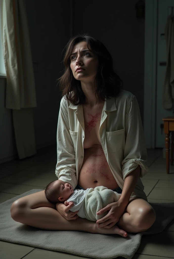 ((())), couloir abandonée et délabré, un doudou dans les mains, éffrayé