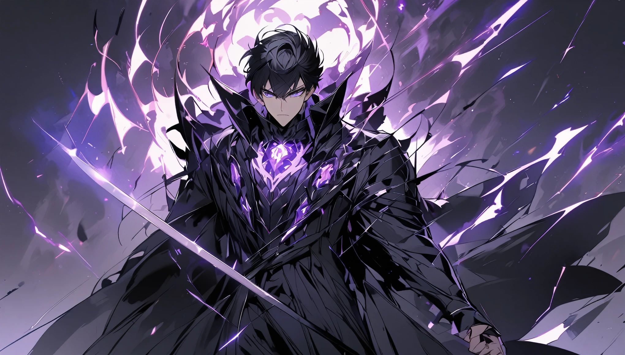 handsome, alone, 1 man, short hair, black hair, purple eyes, black shirt, black coat, Lots of power , wearing a black mask , one hand having a dark long sword