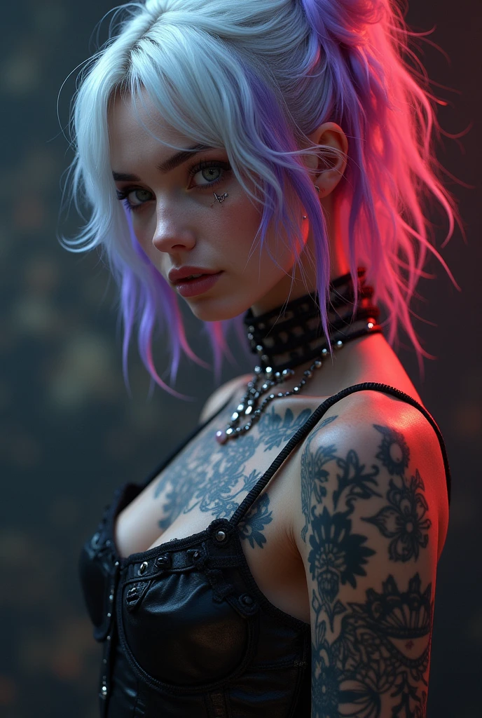 Tips for the first topic are as follows: quality, 8k, 32K, On a table:1.3), ultra - detailed, (realistically:1.4), white colors, Albinism, Punk Girl, Detailed eyes, Upper part of the body, Luxurious Punk Hairstyle, Avant-garde punk fashion, Avant-garde makeup, numerous piercings, There are a lot of tattoos, streets background, backlight effect, shallowdepthoffield, vague background" beautiful , fishnet outfit, perfect body