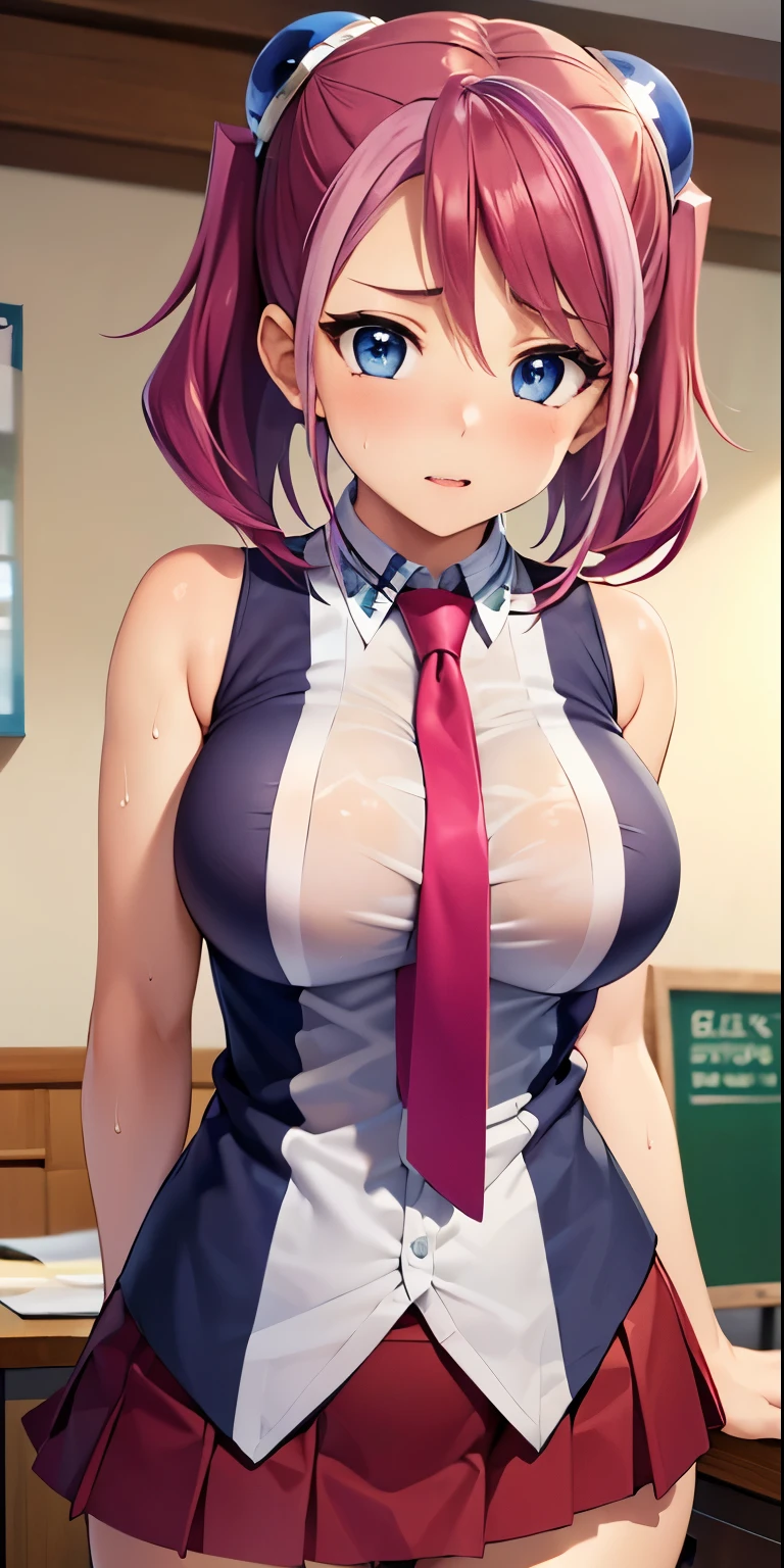 1 Female,High definition,high resolution,Ultra-realistic,8K, hy1, hair ornament, multicolored hair, necktie, skirt, sleeveless, , pink skirt, tight skirt,miniskirt, jewelry,European,sexy,Upper body close-up,Photographed from the front,Dynamic Angles,blush, huge tits,large ,nipples, cleavage , sad, facial, sweat, grabbing her tits, multicolored hair ,(isometric profile view)