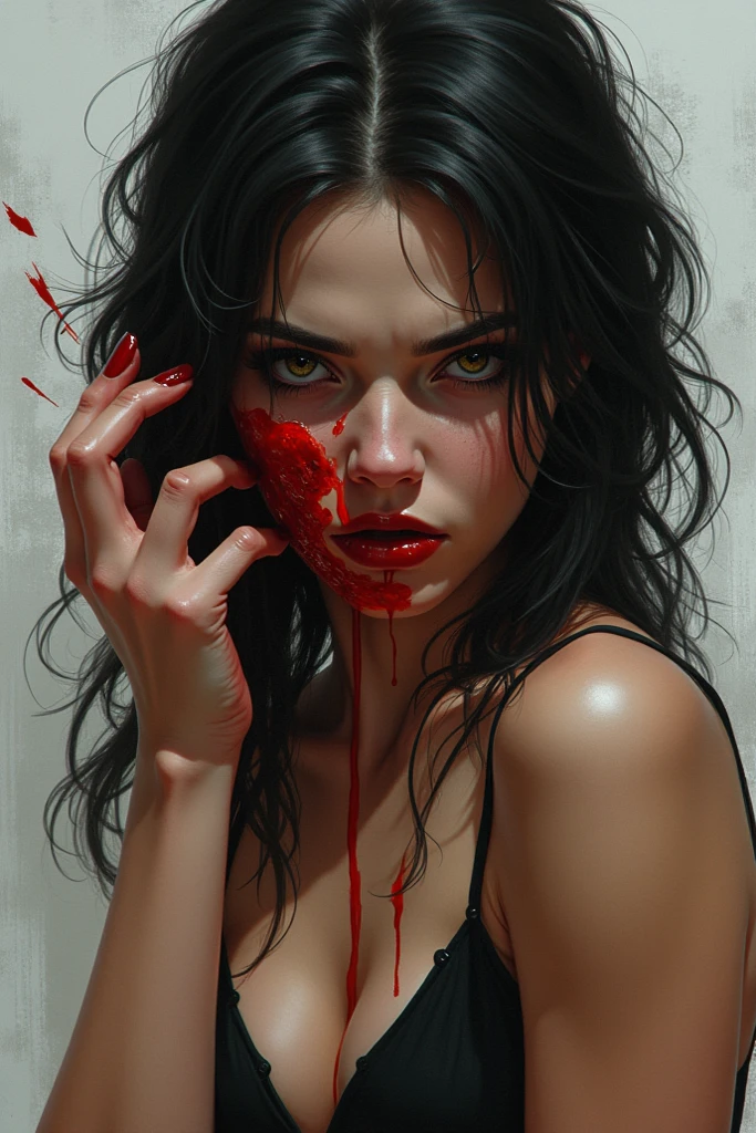 Generate a full realism image hot lady ,creepy features detailed eyes long hair making a walking motion in a background of a artsy dark art with splash of blood