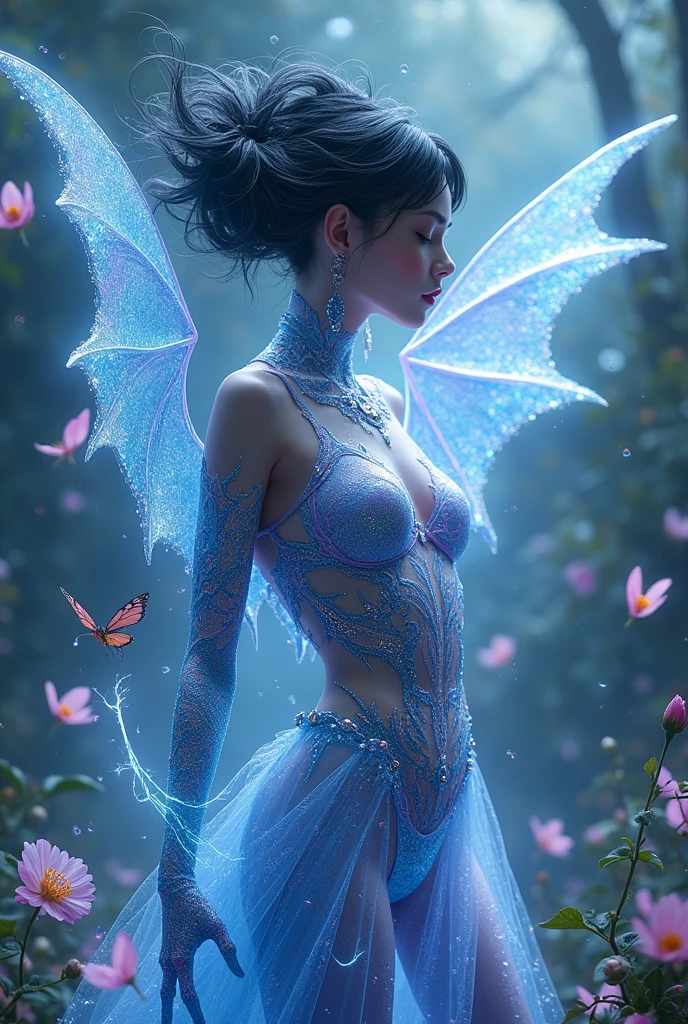 Futuristic ethereal butterfly，Sci-fi butterflies，Futuristic butterflies，mechanical butterfly，Futuristic jungle background，Verbose mode，Intricate patterns cool wings，A beautiful artwork illustration, Exquisite digital illustration, Beautiful digital artwork, Anime fantasy illustration, beautiful avatar picture, Anime fantasy artwork,
