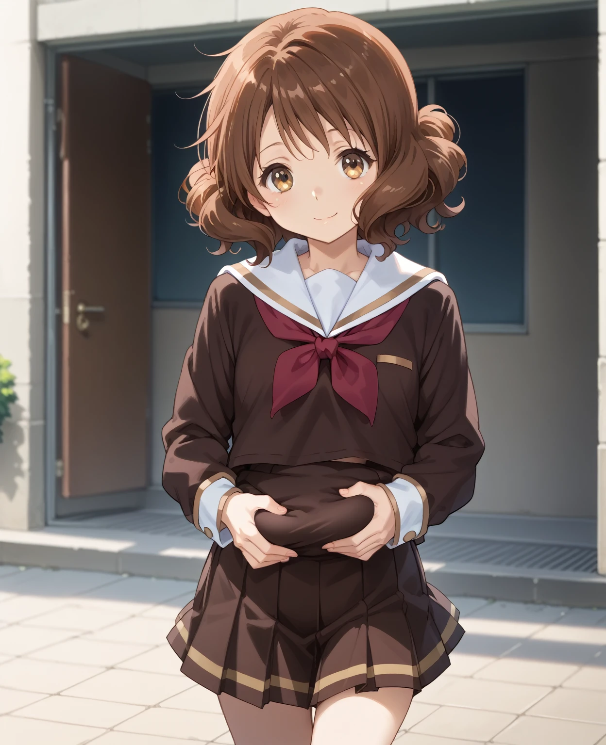  one girl with brown hair sticking forward 、kumiko oumae (kumiko oumae, brown eyes, brown hair, short hair, wavy hair,)(skirt, shirt, long sleeves, school uniform, pleated skirt,  serafuku, neckerchief, brown skirt, white sailor collar, brown shirt, kitauji high school uniform, red neckerchief,), head down, light smile, large belly, Walking on the sidewalk、hands on own belly, looking back at viewer,