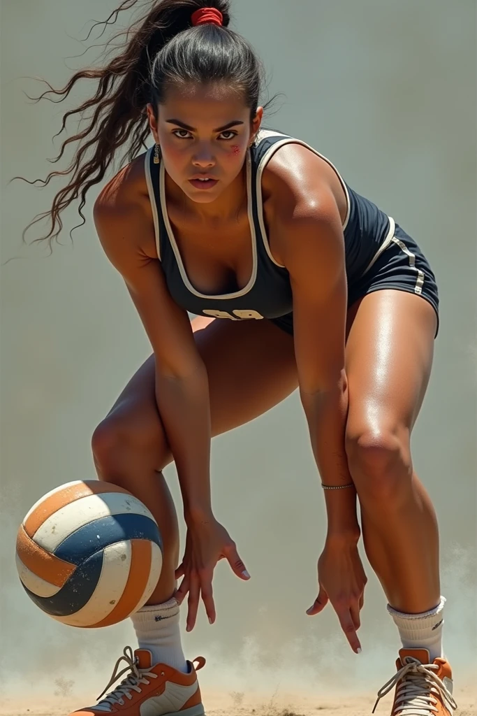 realisticamente、Uma jovem de 23 anos、volleyball player、Durante a partida、Oblique view from behind、、Seios aumentados、cabelo loiro longo e ondulado、O rosto sorriu、quadra de volei、Sexy em jogos