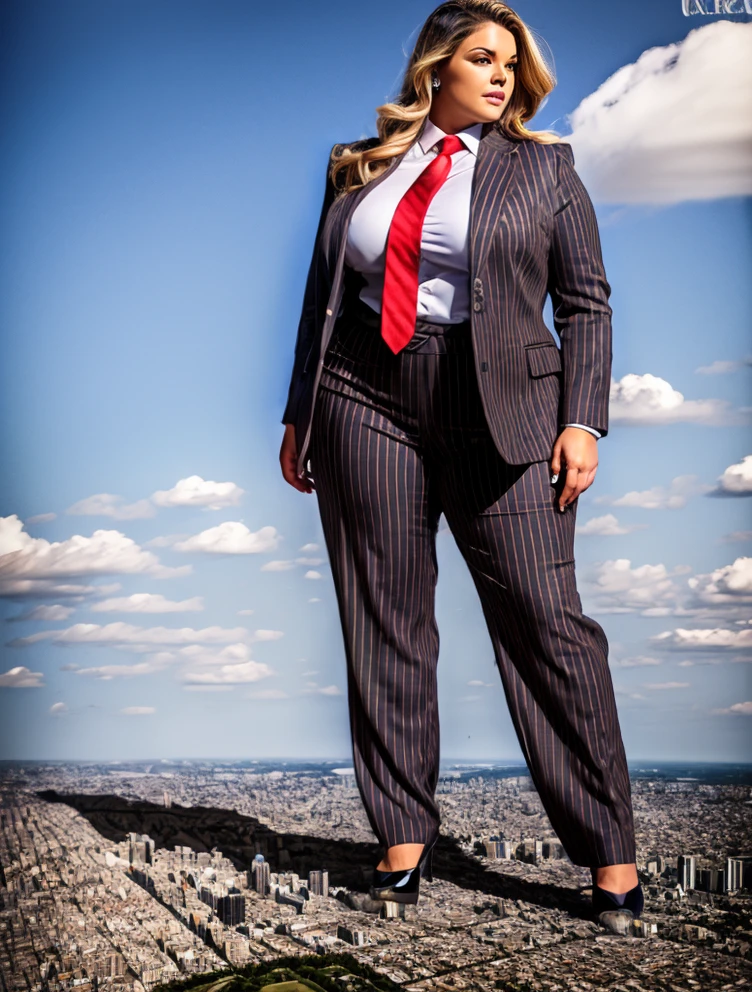 A stylish 10 mile tall woman in a light grey pinstripe pant suit, white shirt, and a large wide  striped necktie in a windsor knot, with a beautiful, curvaceous figure, massive breasts, and long blonde wavy hair, with a curvaceous figure and natrual breasts. wearing red rounded platform high heels with uncovered feet and standing, rampage-like pose, with a cityscape background of mega-city, partially obscured by a hazy, cloudy atmosphere. The image is a high-resolution, masterpiece-quality, cinematic, ultra-detailed, and hyper-photorealistic photograph, with perfect hands, face, and lighting. ultra-detailed, 8K, photo-realistic, hyper-realistic, masterpiece, intricate details, full body view. Looking at camera, The image is a high-resolution, masterpiece-quality, cinematic, ultra-detailed, and hyper-photorealistic photograph, with perfect hands, face, and lighting. ultra-detailed, 8K, photo-realistic, hyper-realistic, masterpiece, intricate details, full body view