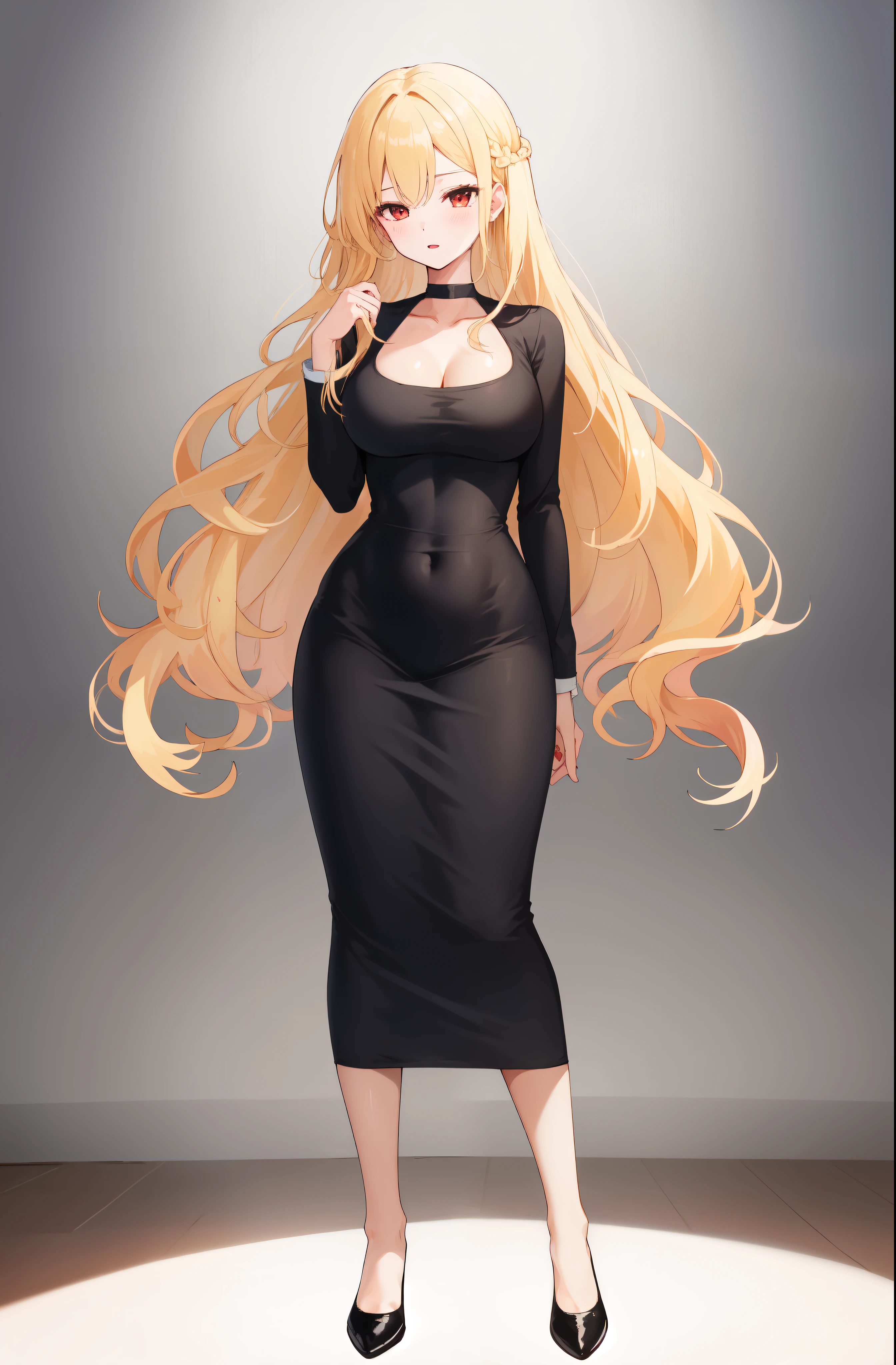 masterpiece, dress, black dress, Black dress, Black Dress, dongtan dress, Dongtan dress, Dongtan Dress, black dongtan dress, Black dongtan dress, Black Dongtan Dress, highres, Super detailed, very detailed, highest quality, best quality, super detailed, standing, high quality, high-definition, extremely detailed, mature female, full body drawing, Full body drawing, straight body, slender body, Slender body, Slender Body, (large breasts), (masterpiece), (best quality), (hyperdetail), (illustration), ((extremely delicate and beautiful)), (detailed light), (prefect's body), hanging hand over head, {{{{{long hair, Long hair, Blonde hair, blonde hair, blonde, Blonde, Red eye, red eye, Red Eye, binyeo, Binyeo}}}}}, sexy, sexy belly line