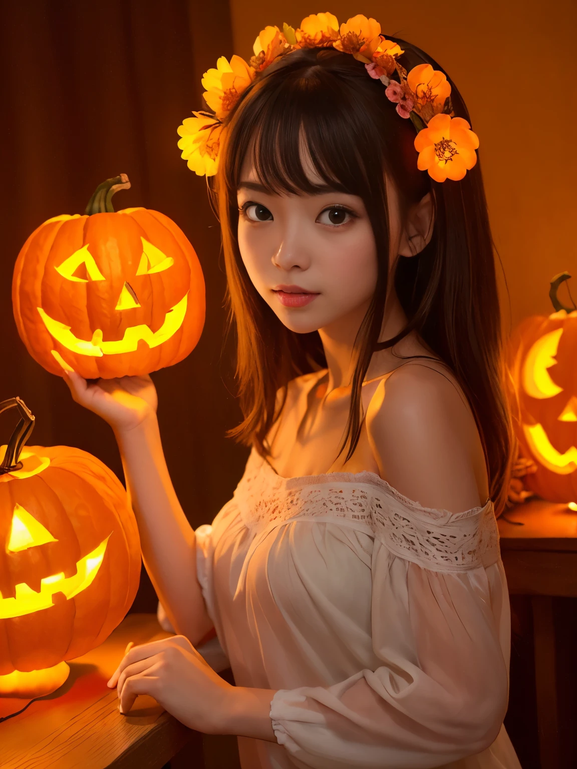 (​masterpiece、top-quality、top-quality、Beautiful aesthetic:1.2)、((( cute glowing jack lantern head girl)))、((I can&#39;t see the girl&#39;s face))、Halloween Night 、 very detailed、 colorful 、highestdetailed,Russian beauty model