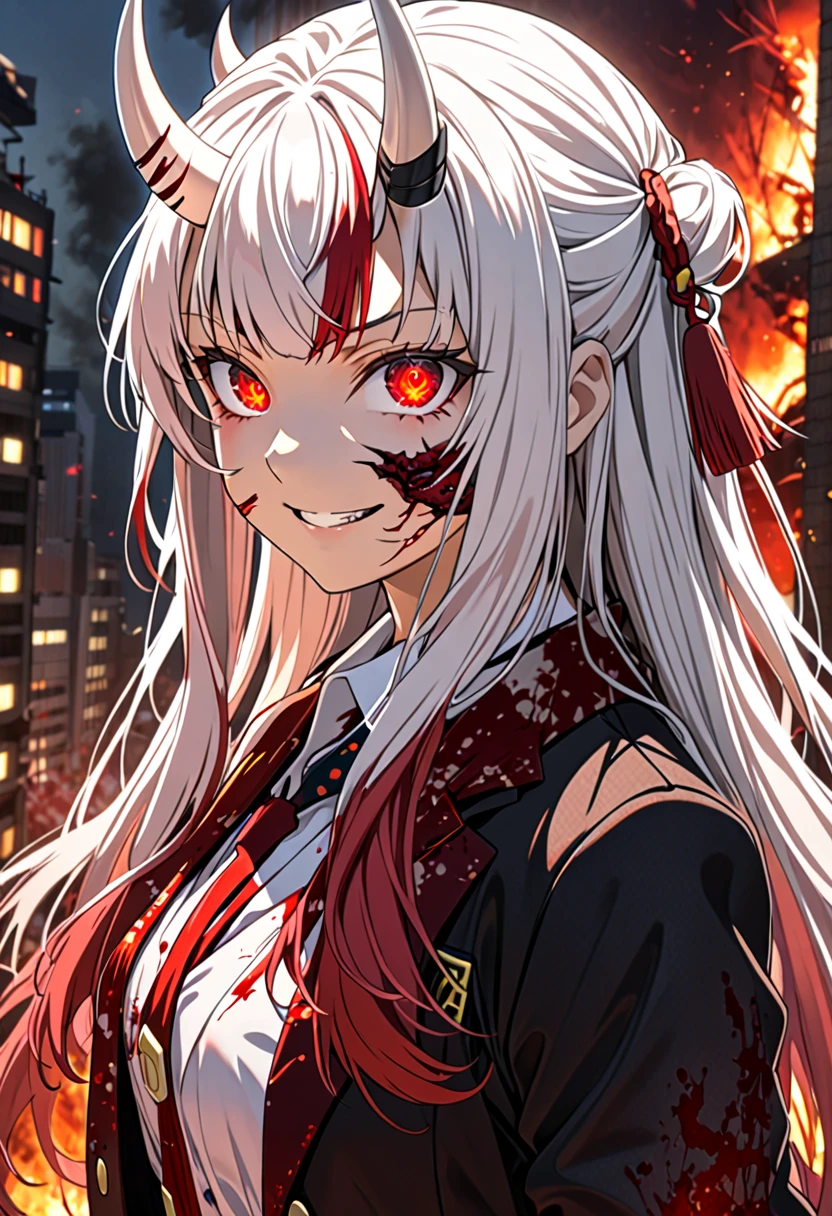 8K Ultra High-Quality, ultra-detailed, High quality, Nakiri ayame, white oni horns, long hair, office suit, glowing eyes, wounded face, blooded face, flesh exposed, smiling, close up, full body, side view, looking at viewer, burning background