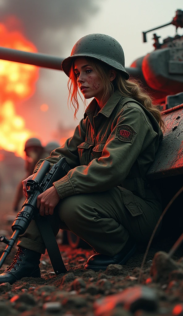 A badly wounded female soldier sits leaning against the side of a battle-worn tank, rifle in hand. Amid the intense battle, flames and smoke from nearby explosions fill the chaotic area, casting a bright red glow over the devastation. Debris flies through the air as she nimbly maneuvers, a stained face of determination. In the midst of this turbulent war, she stands firm.