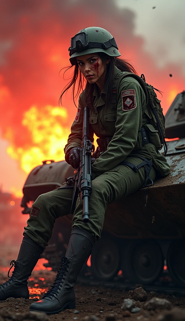 A badly wounded female soldier sits leaning against the side of a battle-worn tank, rifle in hand. Amid the intense battle, flames and smoke from nearby explosions fill the chaotic area, casting a bright red glow over the devastation. Debris flies through the air as she nimbly maneuvers, a stained face of determination. In the midst of this turbulent war, she stands firm.