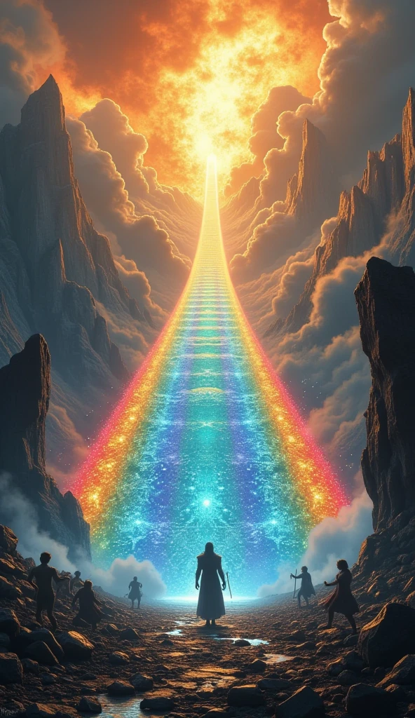 beautiful crystal-clear rainbow color transparent bridge, connecting the sky-land\(Asgard,heaven, many Æsir gods) and earth\(Midgard,the world of human, many jotuns rushing to rainbow\). on the rainbow Heimdall\(God,man, golden teeth,white skin,holding beautiful horn\) and Loki\(god, very beautiful man,evil smile\) are battling viciously. Ragnarök. everywhere burning ruinous heavy fire.
