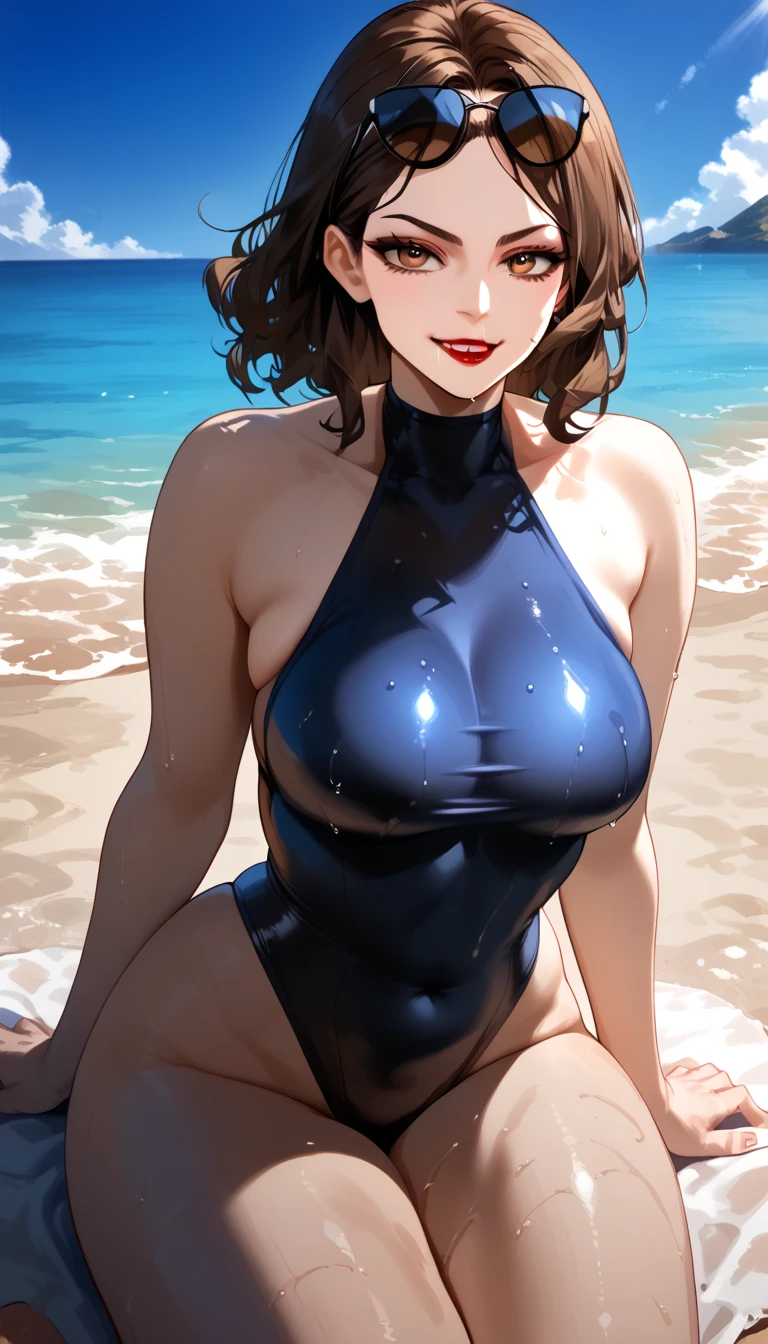 (A beautiful picture of a woman, solo), ((ultra sexy and tight black swimsuit)), ((soaked)), vampire, very sexy, chubby, thick thighs, dark Brown hair, white skin, dark eyes, ultra detailled masterpiece, lust face,((craving for sex)), ultra alluring, ultra sexy, whore, ((hentai, hardcore)), focus on face, Big eyes, perfect eyes, smirk, ((hyper dominant)), small breast, very long dark Brown hair, ((adult milf)), (posing), ((on a beach)), (stylish sunglasses), ((posing in an inappropriate pose))