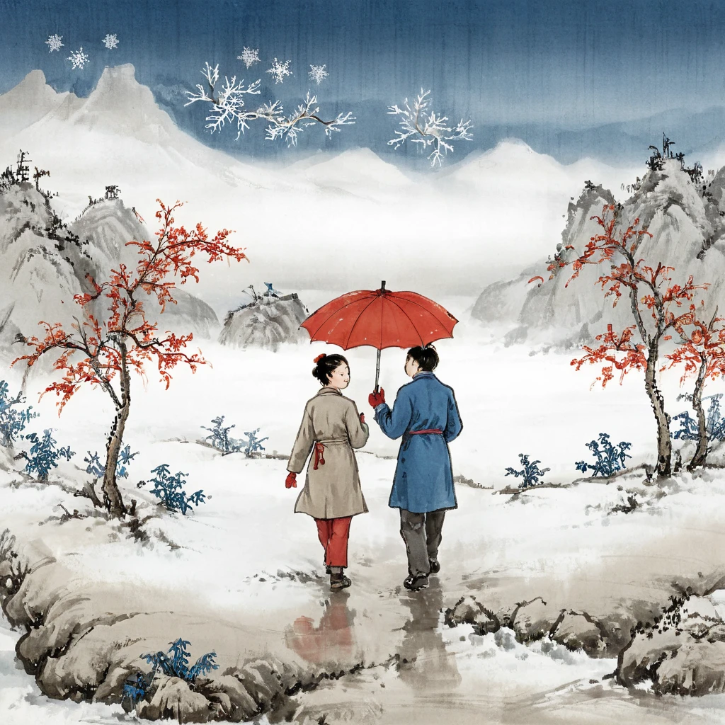 surrealist art Chinese painting,Ink Painting，ink wash painting，ink water，qi baishi,Li Keran, idyllic winter scenery in northern China ，Snowflakes are falling， Two people walking on a country road with umbrellas，red umbrella ， blue umbrella， traditional Chinese brushwork ， official art ，羊皮纸水彩Ink Painting，Minimalism，Beige gray ，Rice paper texture， Very high resolution details,photographic, Extremely Realistic ,Fine texture, Incredibly realistic 