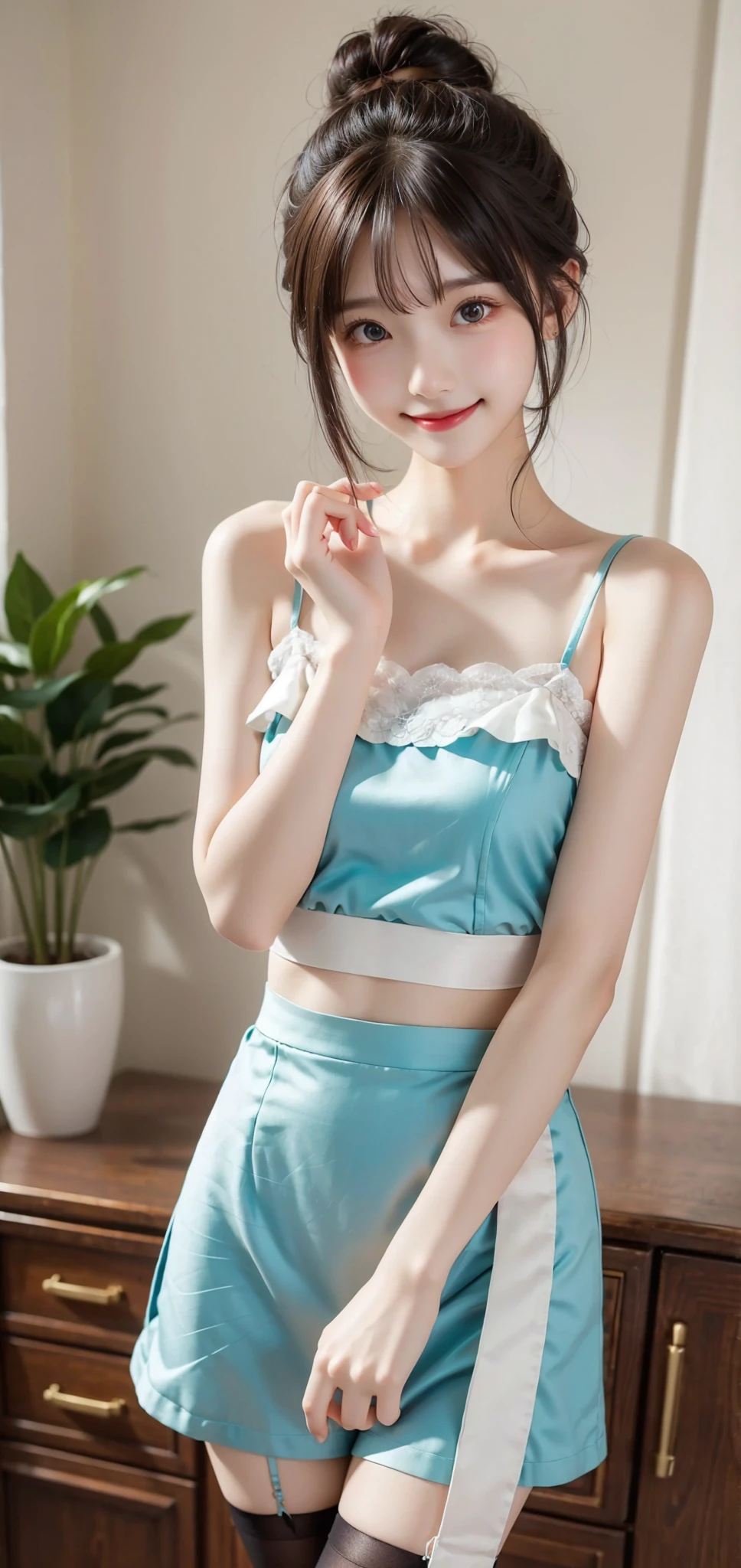 Maid, cute girl,masterpiece,  high definition  ,8k,16k,  white skin,  bun hair, Teal Eyelids, brown hair, delicate, Thin arms,  black stockings ,Thin legs, Slender body ,smile