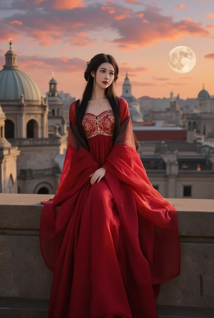 Super detailed A captivating dark fantasy illustration of a woman with long, cascading hair, perched on a high ledge overlooking a sprawling city at sunset. She wears a stunning red gown, adorned with intricate embroidery, that contrasts beautifully with the golden hues of the cityscape. The city below features intricate architectural details, such as towers and domes, with a sense of grandeur and mystery. The sky is a canvas of orange and pink hues, complemented by the luminous moon in the distance. The overall atmosphere is dark and moody, with a touch of grunginess that adds depth and intrigue to the scene., dark fantasy, illustration, vibrant, painting