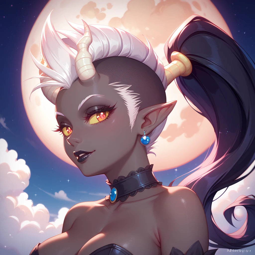 score_9, score_8_up, score_7_up, ((Masterpiece)), ((highres)), ((1person, 1girl, 1female)), Random poses, beautifully detailed succubus girl, ((white mohawk w/ponytail)), defined elf ears with ear guages, defined eyes, pastel iris, long eye lashes, defined nose, black lipstick, curvy, (((Black skin))), black demon horns, breasts, night sky, pastel gothic style, gothic style art, gothic asthetic, ((Standing in a dense foresty area with clouds and a moon over head)), bust shot, make this shot a discord pfp picture